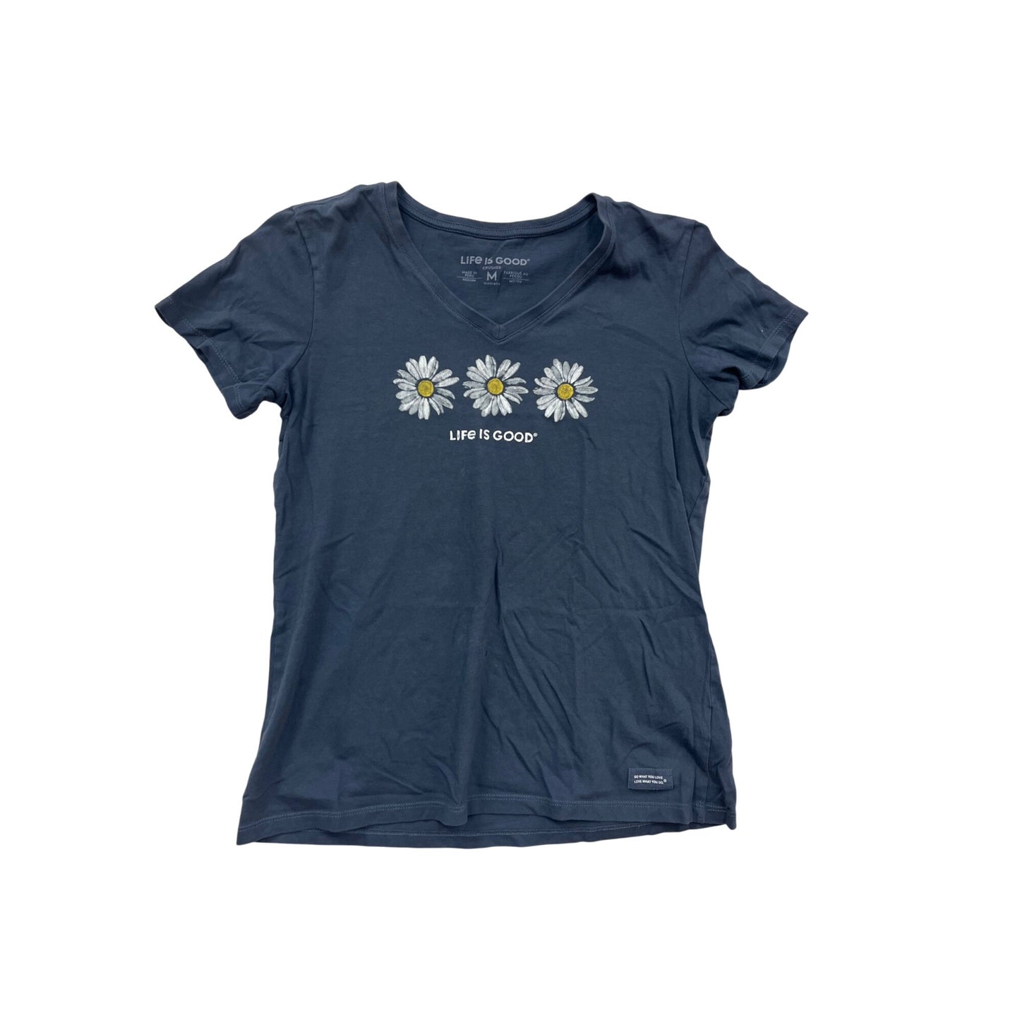 Life Is Good Medium Navy Blue V-Neck Crusher T-Shirt With Daisy Graphic #129A