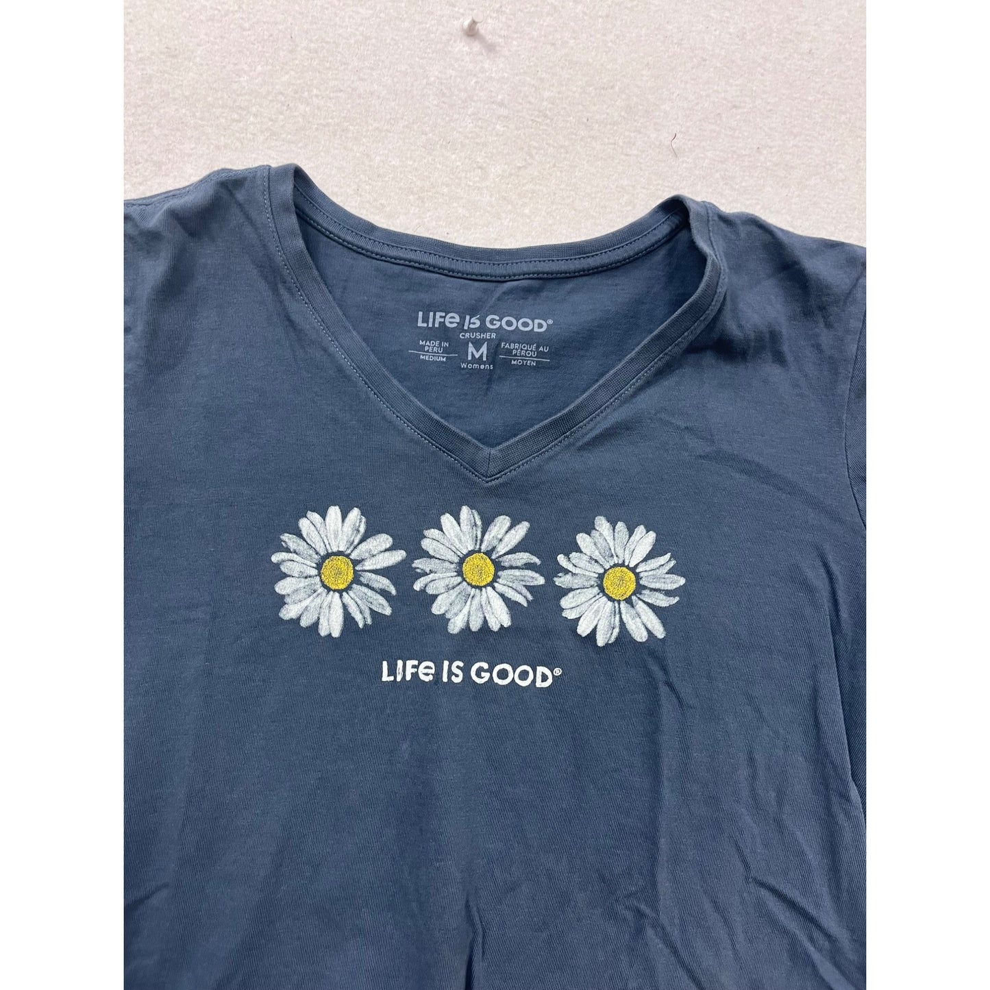 Life Is Good Medium Navy Blue V-Neck Crusher T-Shirt With Daisy Graphic #129A