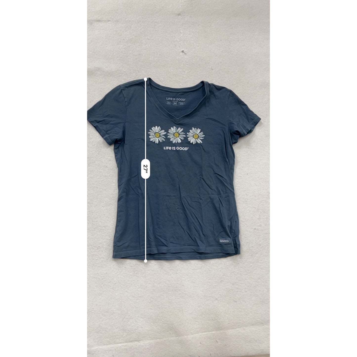 Life Is Good Medium Navy Blue V-Neck Crusher T-Shirt With Daisy Graphic #129A