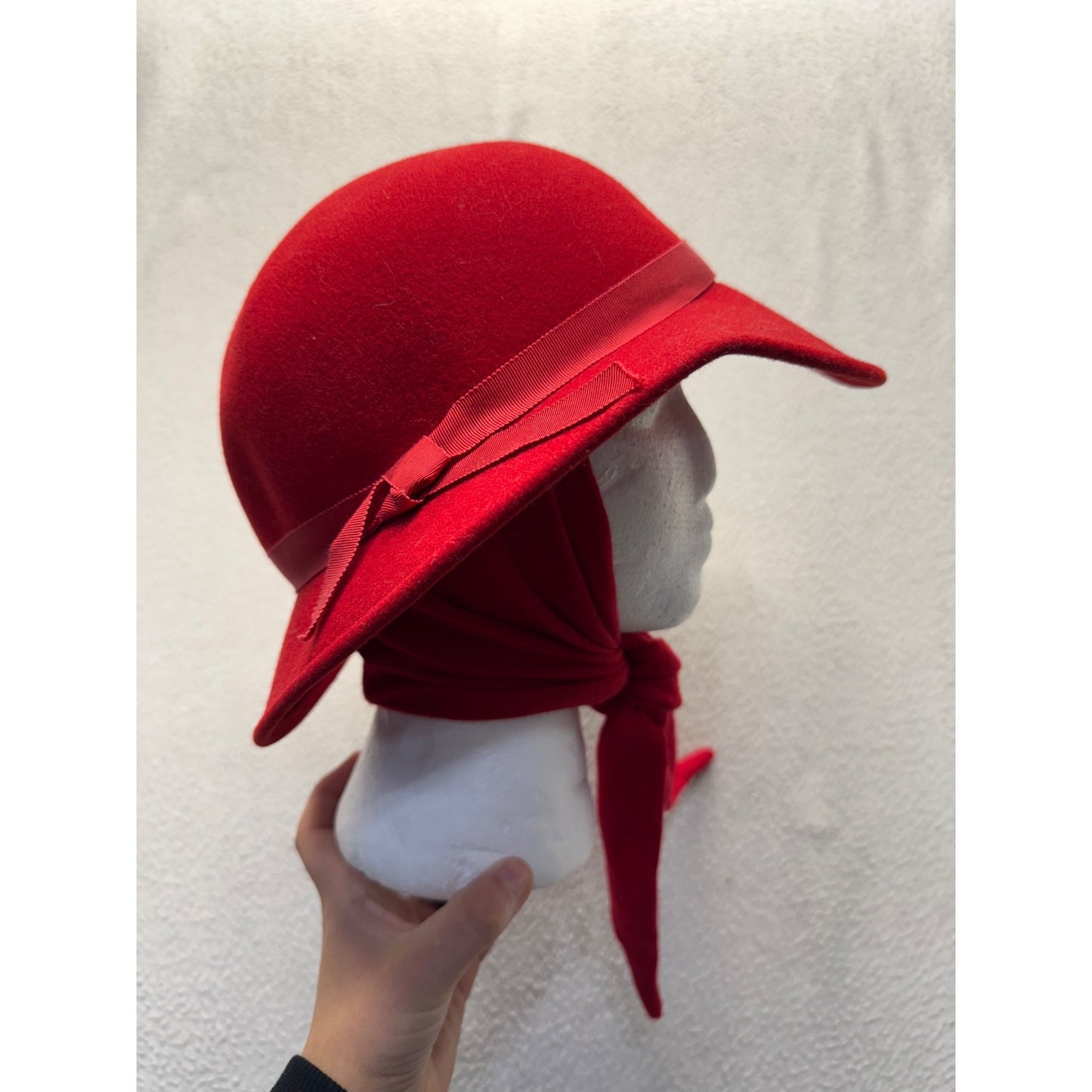 Vintage Red Wool Wide-Brim Hat With Ribbon Tie By Michael Howard #9754