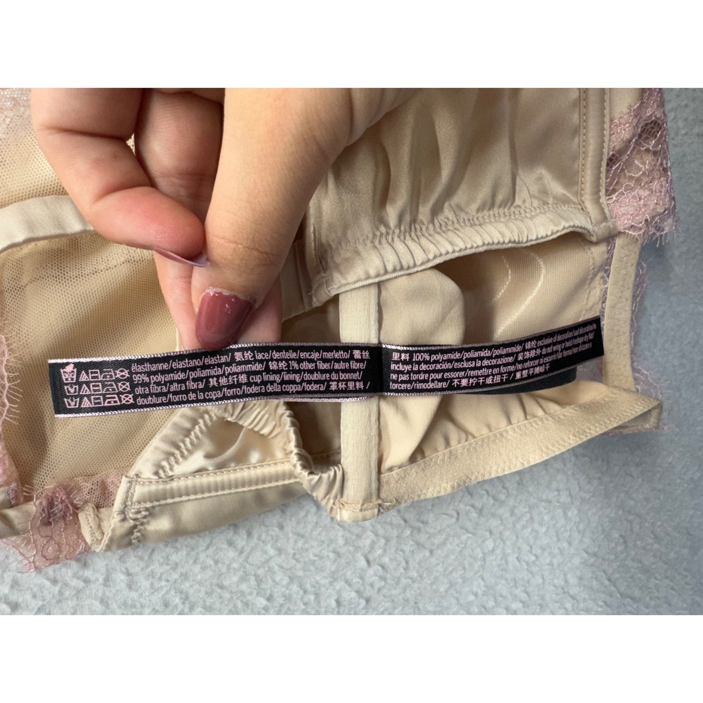 Victorias Secret 38DD/E Beige/Pink Satin Lace Balconette Bra #9032