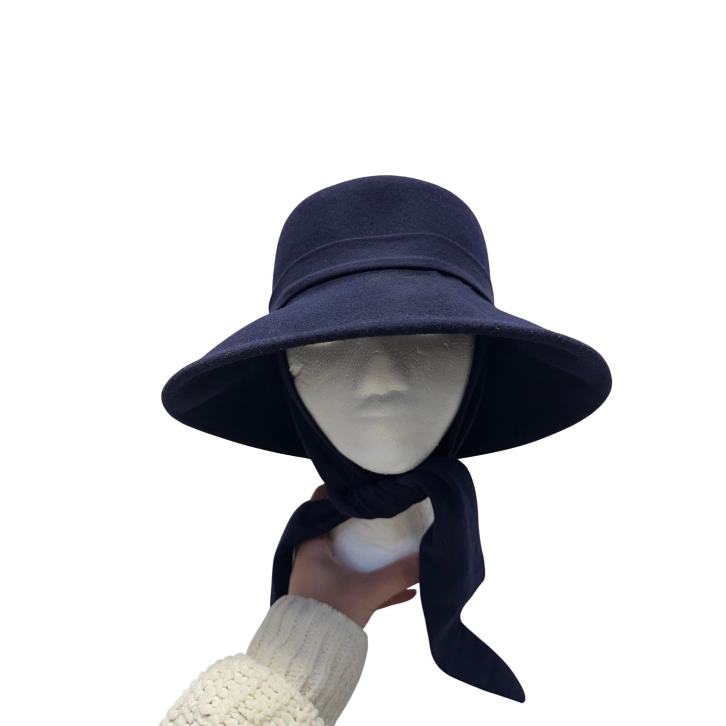 Wide-Brim Navy Tie Hat Felt Ribbon Accent Handmade Elegant Design #9845