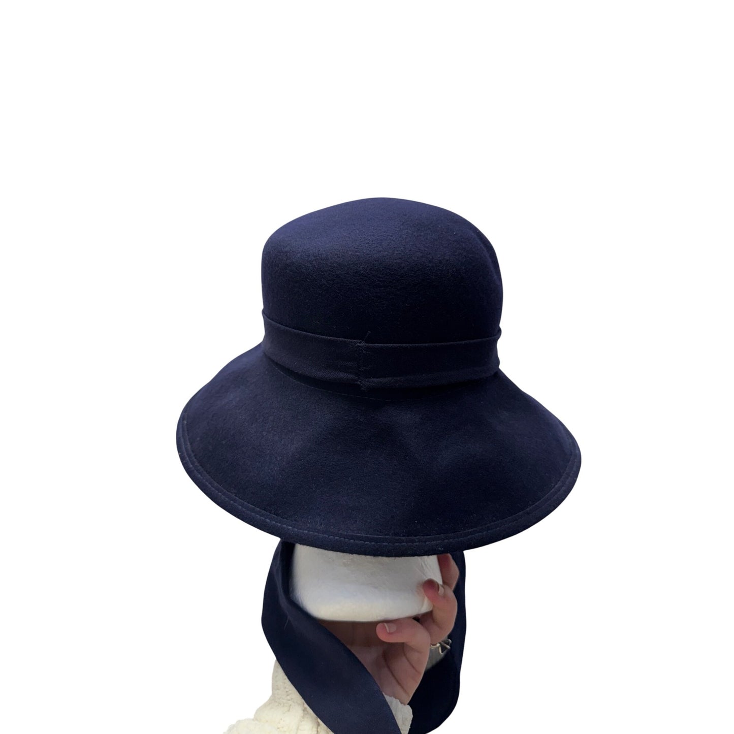 Wide-Brim Navy Tie Hat Felt Ribbon Accent Handmade Elegant Design #9845