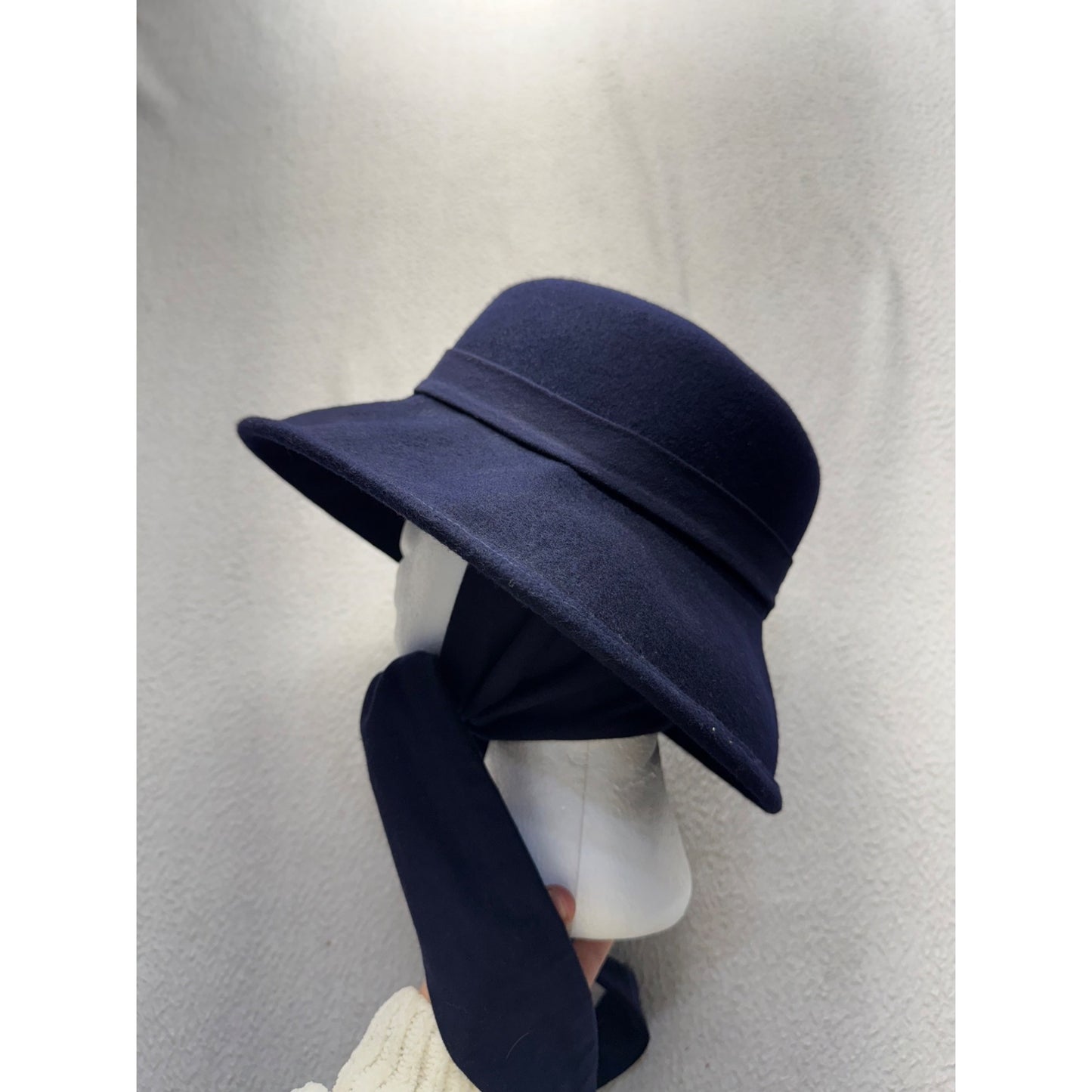 Wide-Brim Navy Tie Hat Felt Ribbon Accent Handmade Elegant Design #9845
