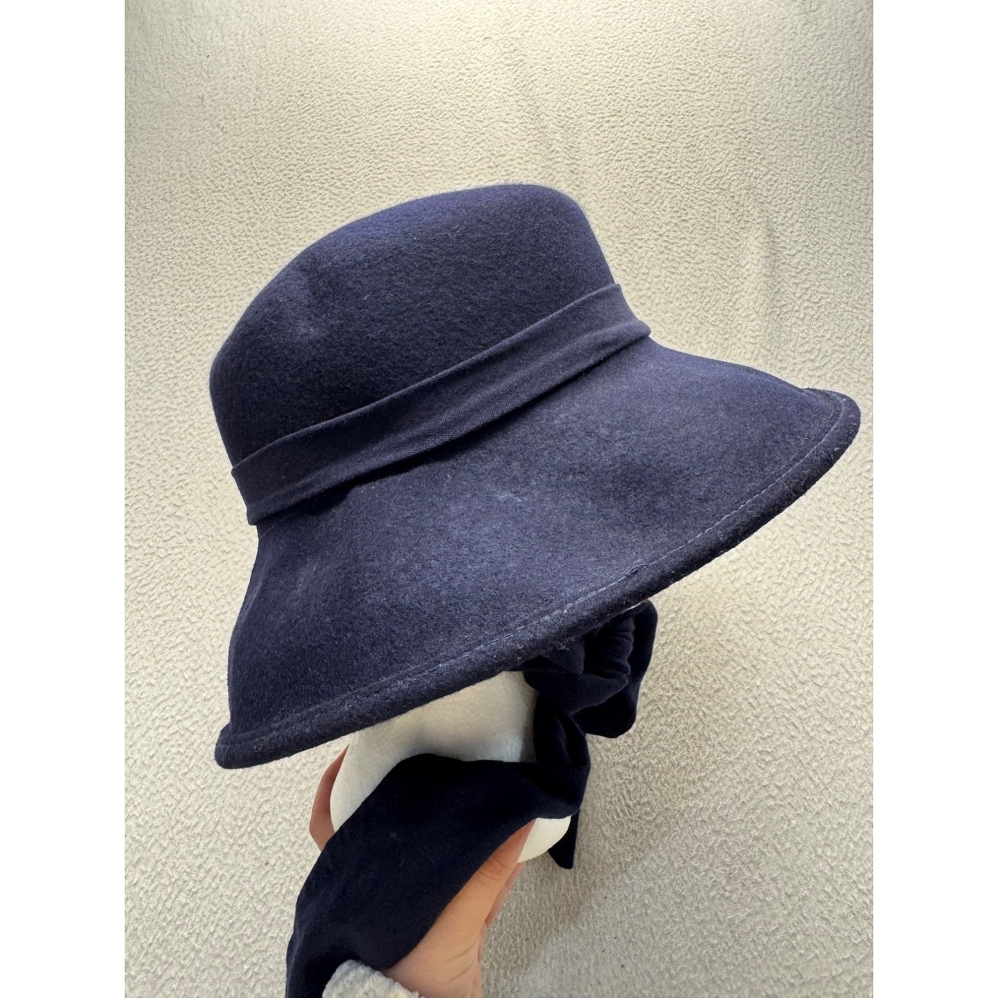 Wide-Brim Navy Tie Hat Felt Ribbon Accent Handmade Elegant Design #9845