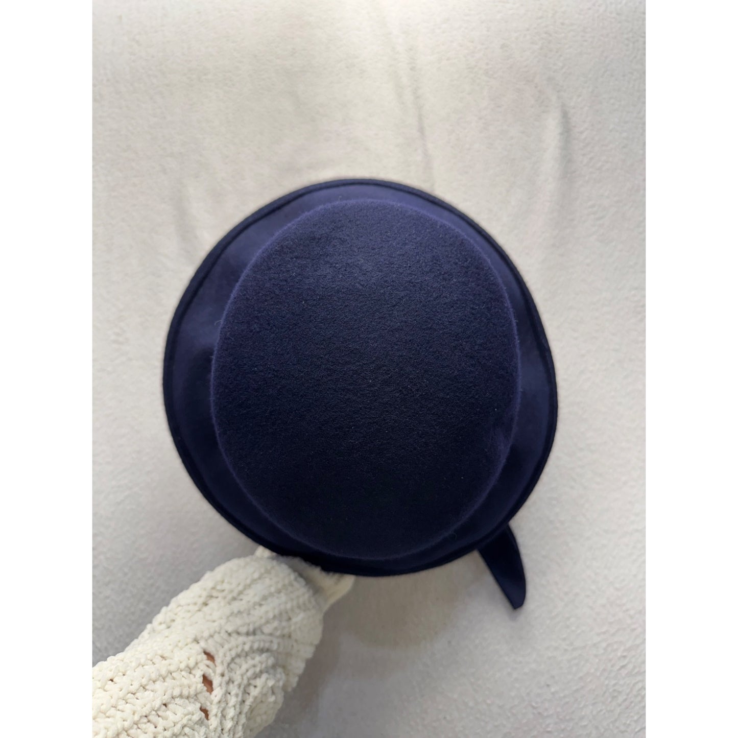 Wide-Brim Navy Tie Hat Felt Ribbon Accent Handmade Elegant Design #9845