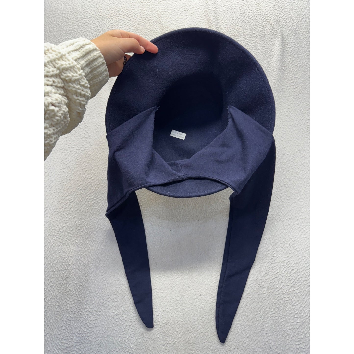 Wide-Brim Navy Tie Hat Felt Ribbon Accent Handmade Elegant Design #9845