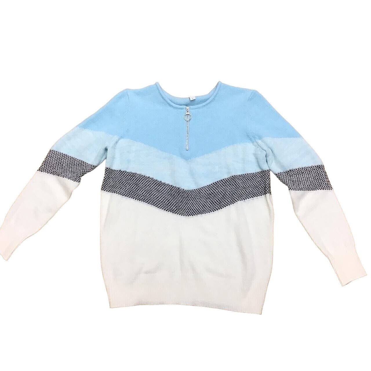 Colorblock Knit Sweater With Blue White & Black Design Ring Zipper Detail Size L #944
