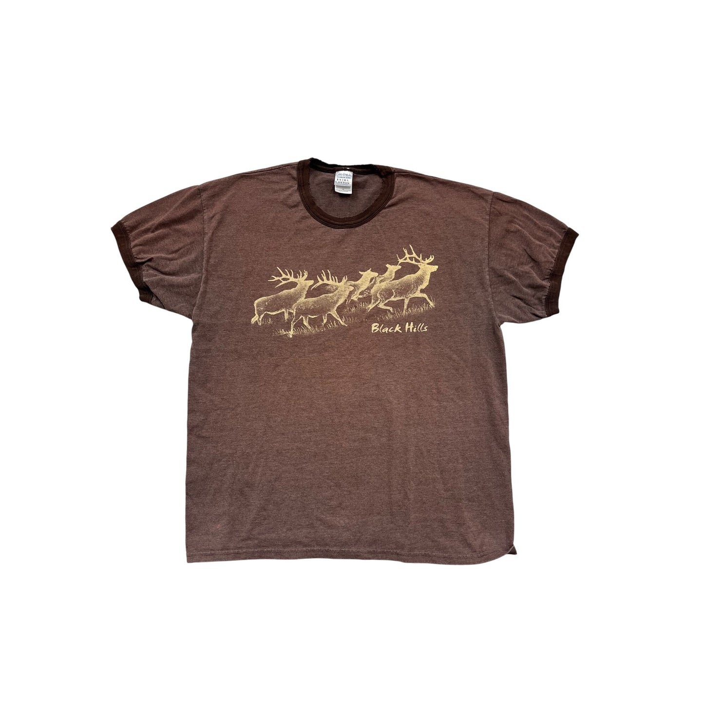 Vintage Brown Gildan Ultra Cotton Black Hills Elk Print T-Shirt XL #953A