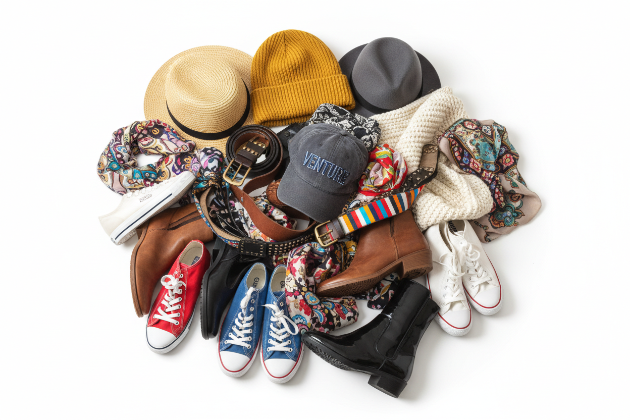 on a white background, add a bunch of clothing accessories like shoes hats belts and scarves laying in a pile