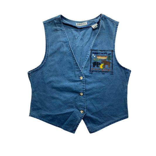 Vintage Sunbelt Womens Denim Button-Up Sleeveless Vest With Moose & Canoe detail #7343