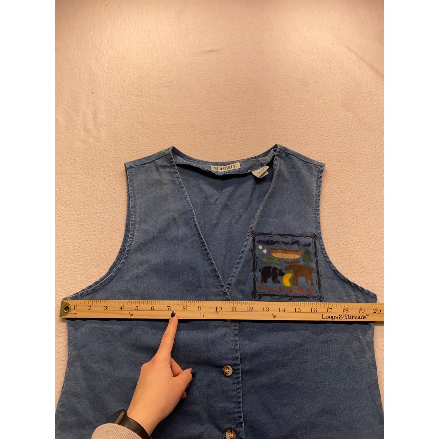 Vintage Sunbelt Womens Denim Button-Up Sleeveless Vest With Moose & Canoe detail #7343