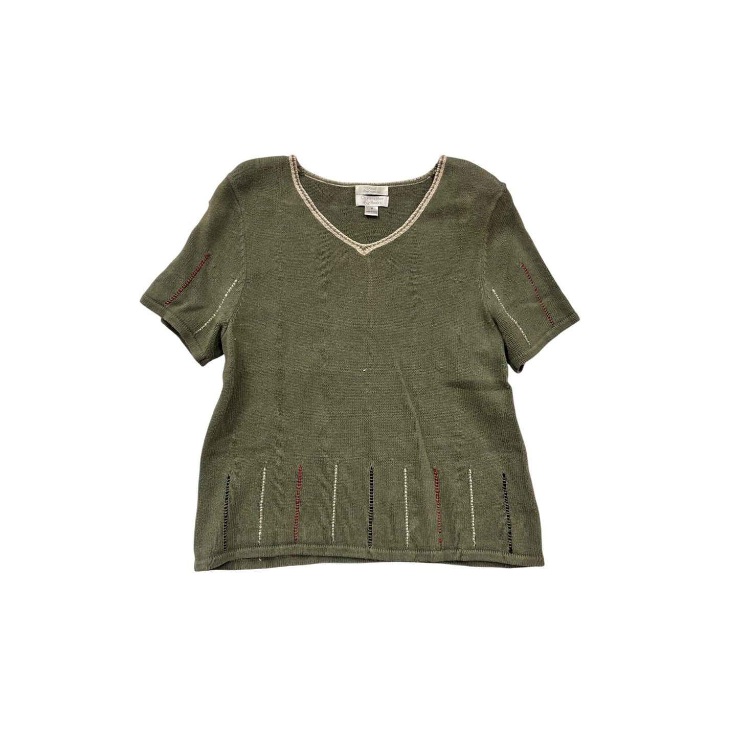 Christopher & Banks Hand Embroidered Olive Green Short Sleeve Sweater M #485A