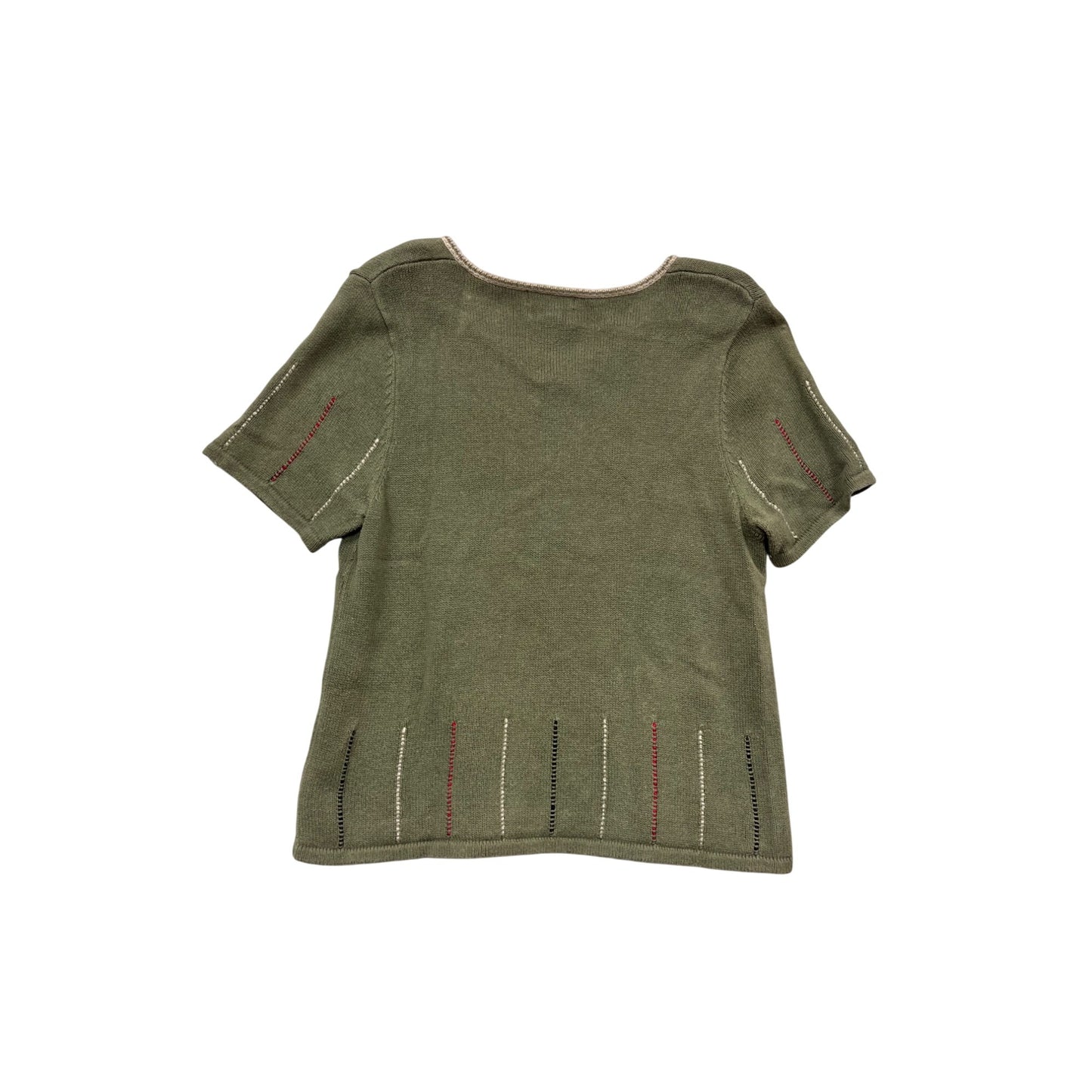 Christopher & Banks Hand Embroidered Olive Green Short Sleeve Sweater M #485A