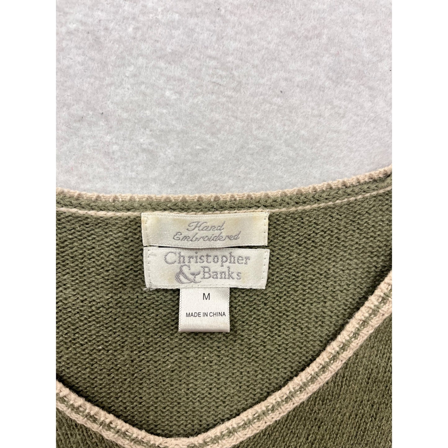 Christopher & Banks Hand Embroidered Olive Green Short Sleeve Sweater M #485A