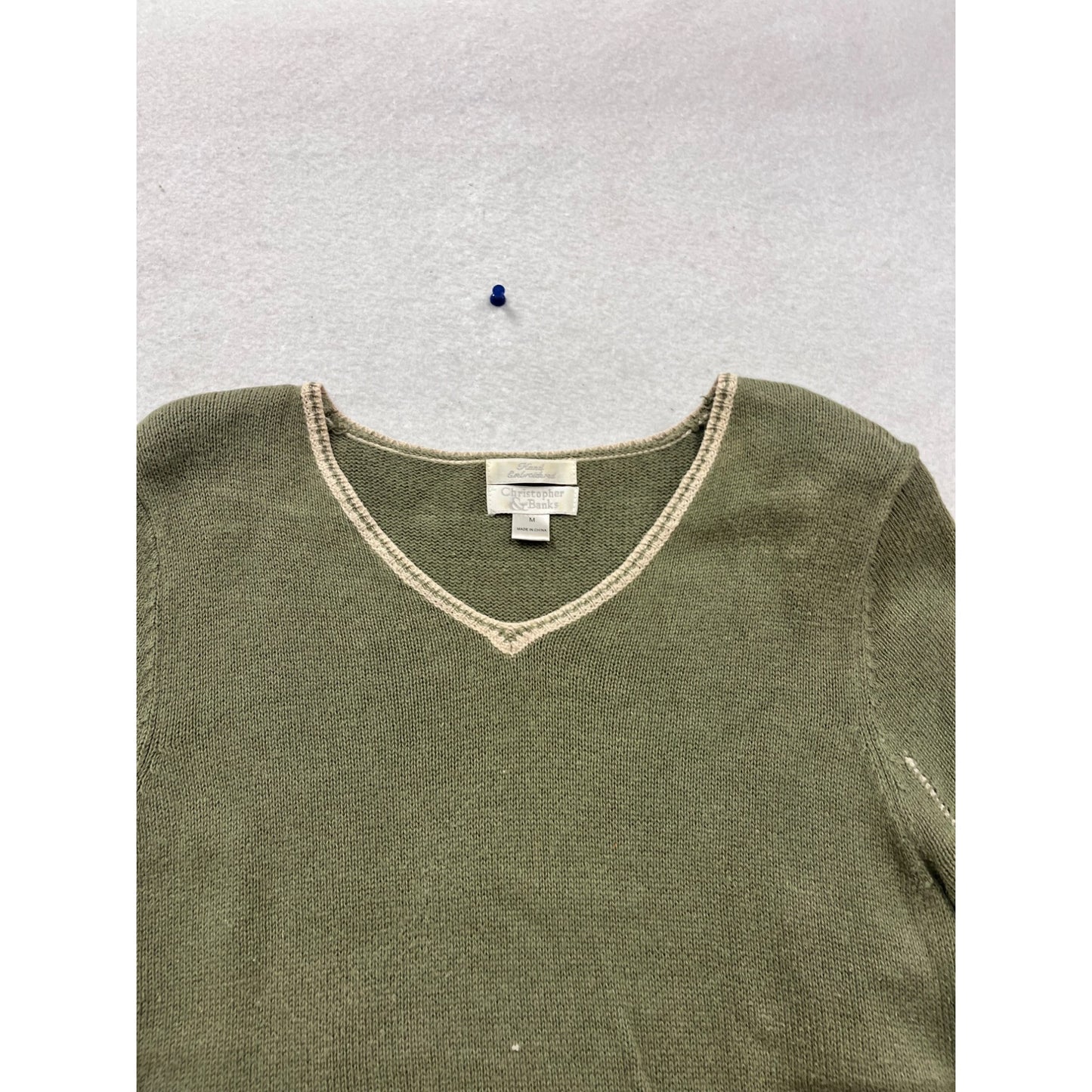 Christopher & Banks Hand Embroidered Olive Green Short Sleeve Sweater M #485A