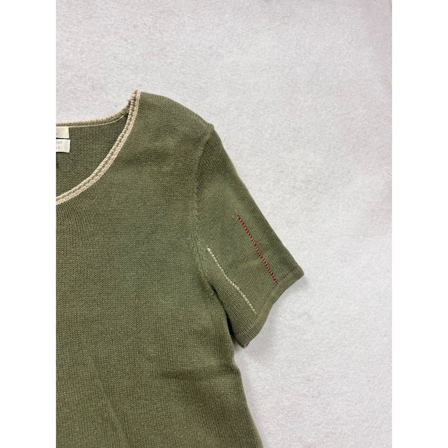 Christopher & Banks Hand Embroidered Olive Green Short Sleeve Sweater M #485A
