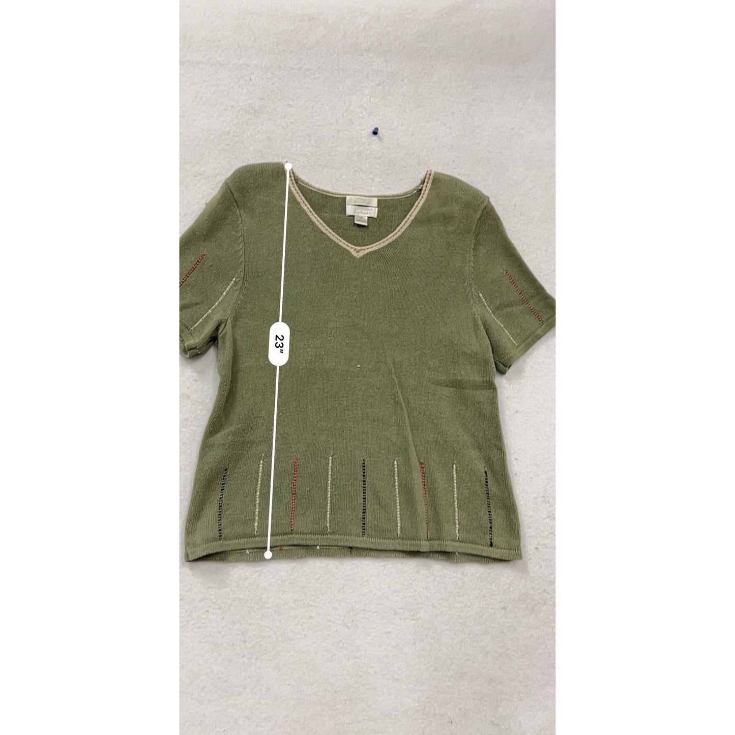 Christopher & Banks Hand Embroidered Olive Green Short Sleeve Sweater M #485A