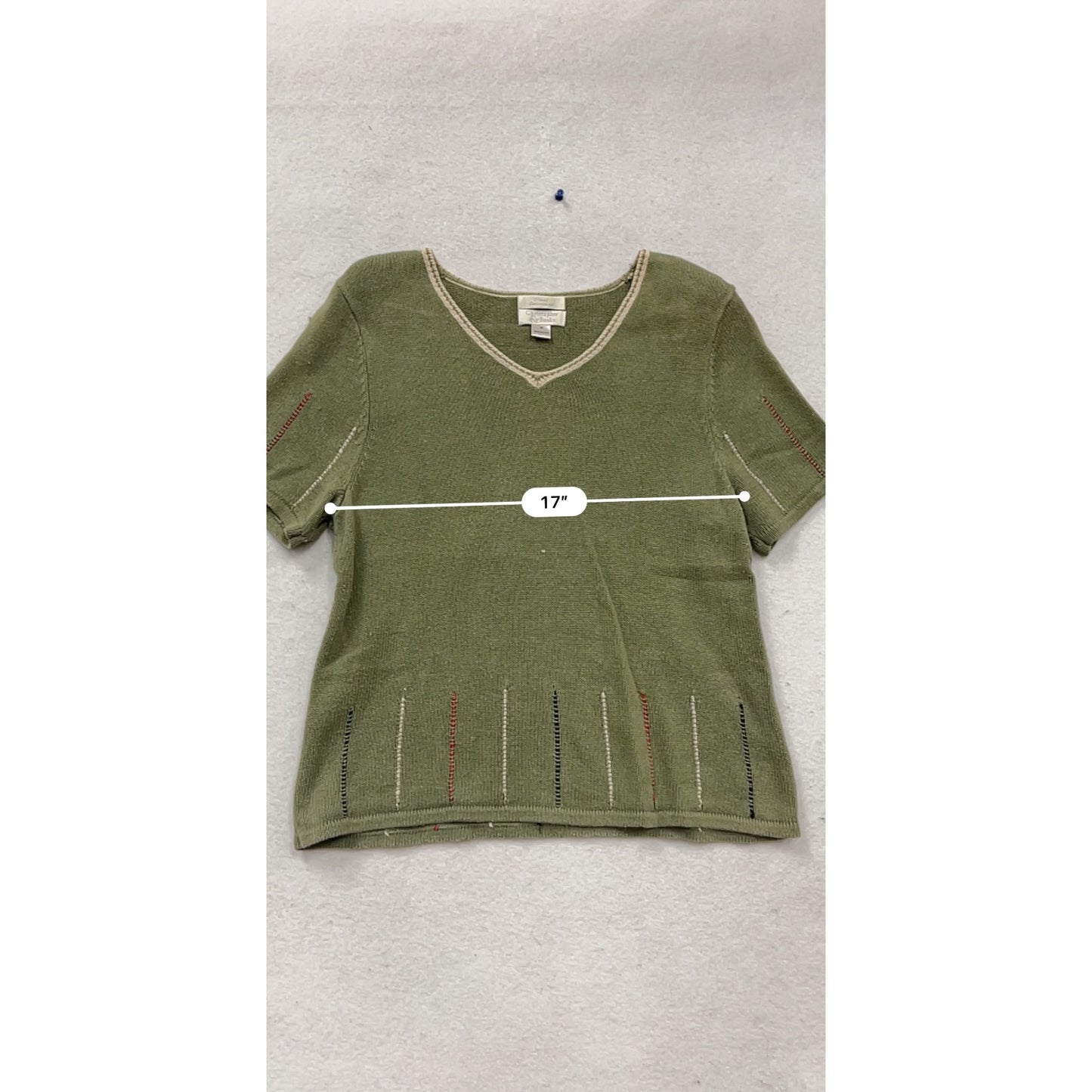 Christopher & Banks Hand Embroidered Olive Green Short Sleeve Sweater M #485A