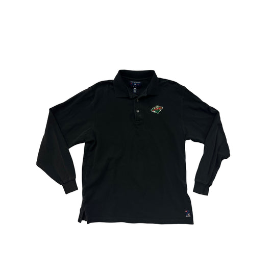 Men’s Medium Minnesota Wild Black Long-Sleeve Polo Shirt By Port Authority Embroidered Logo Wells Fargo Patch