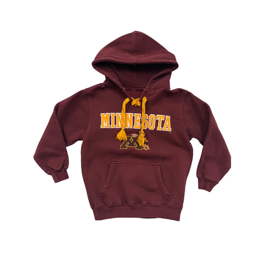 University Of Minnesota Boys Large Maroon Hoodie Sweatshirt With Kangaroo Pocket & Yellow Drawstrings #6239