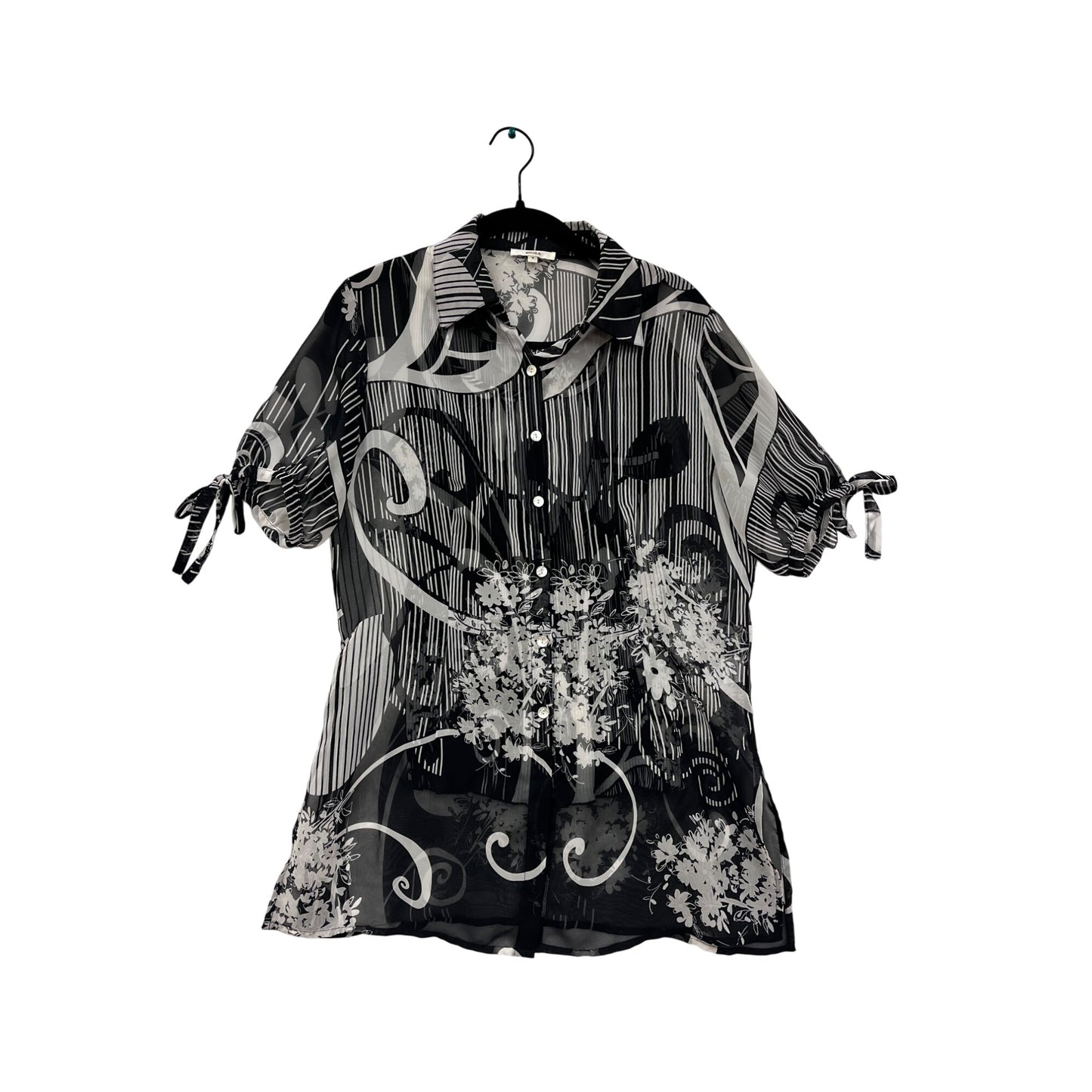 Sheer Black & White Floral Striped Blouse By Nicola #6098