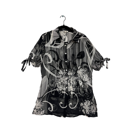 Sheer Black & White Floral Striped Blouse By Nicola #6098