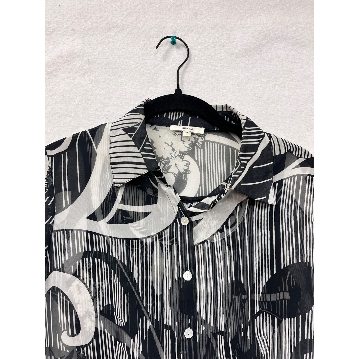 Sheer Black & White Floral Striped Blouse By Nicola #6098