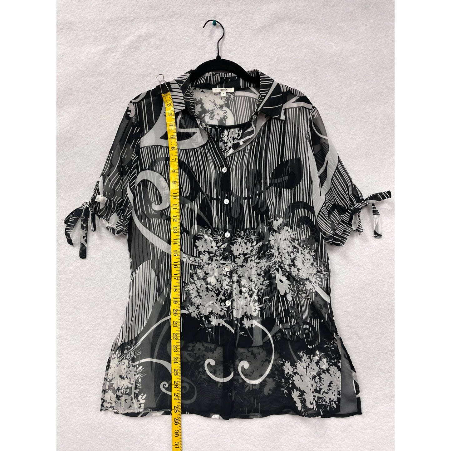 Sheer Black & White Floral Striped Blouse By Nicola #6098