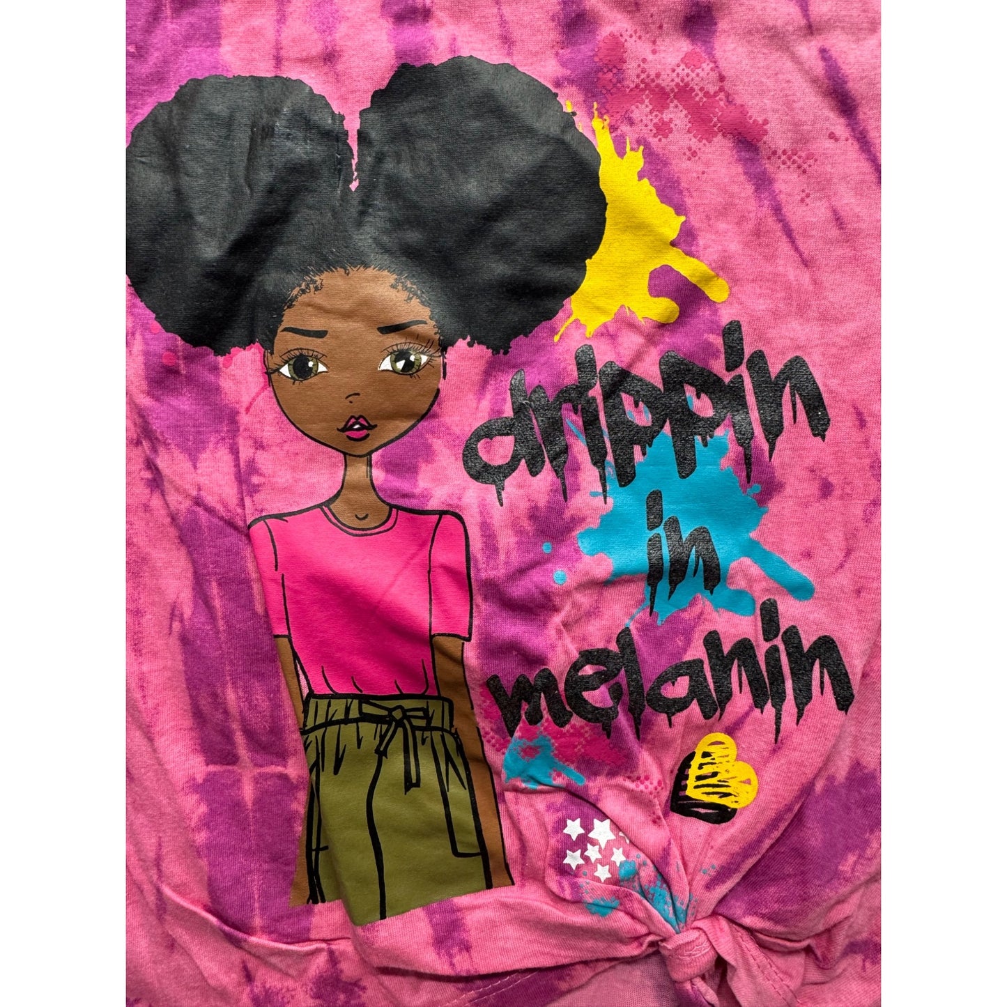 Pink Sparkle Tie-Dye Graphic Tee Drippin In Melanin Knot Front Size 5/6 #9332