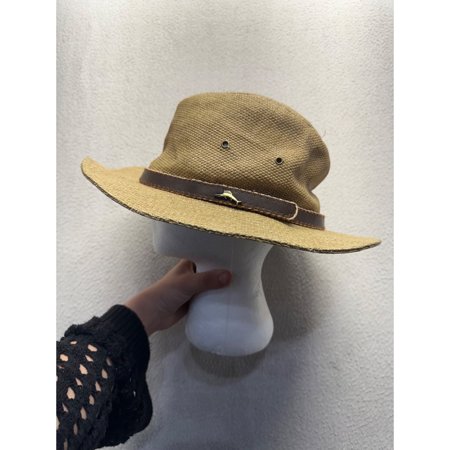 Tommy Bahama Straw Safari Hat With Brown Leather Band & Marlin Accent M/L #9693