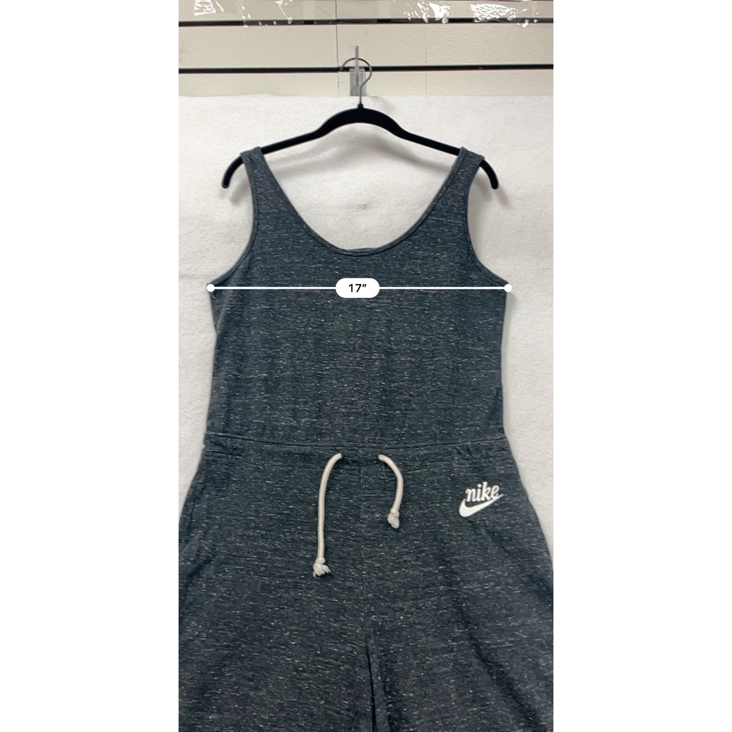 Nike Womens Heathered Black Sleeveless Romper With Drawstring Waist & Wide-Leg Design #6698