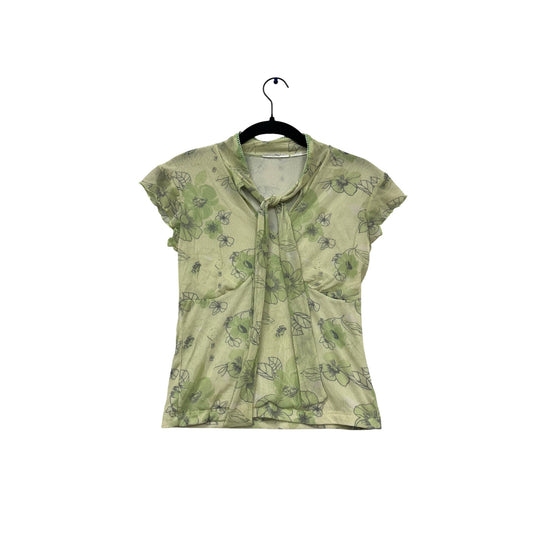 Floral Print Tie-Neck Short-Sleeve Blouse #700A