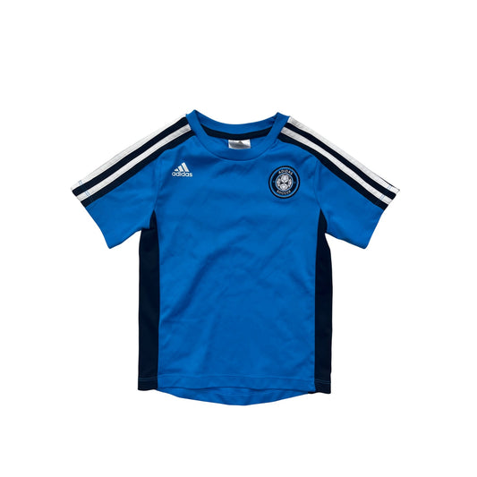 Adidas Kids Blue Soccer Tee With Striped Sleeves & Embroidered Logo Size 4T #6505
