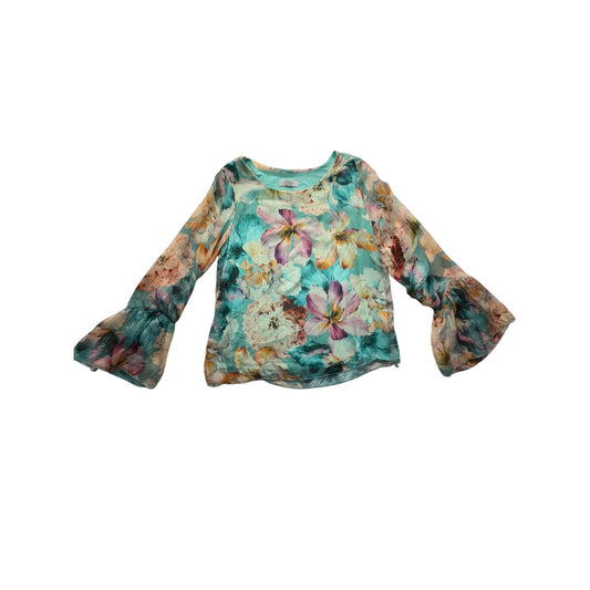 Floral Bell Sleeve Silk Sheer Blouse #7580