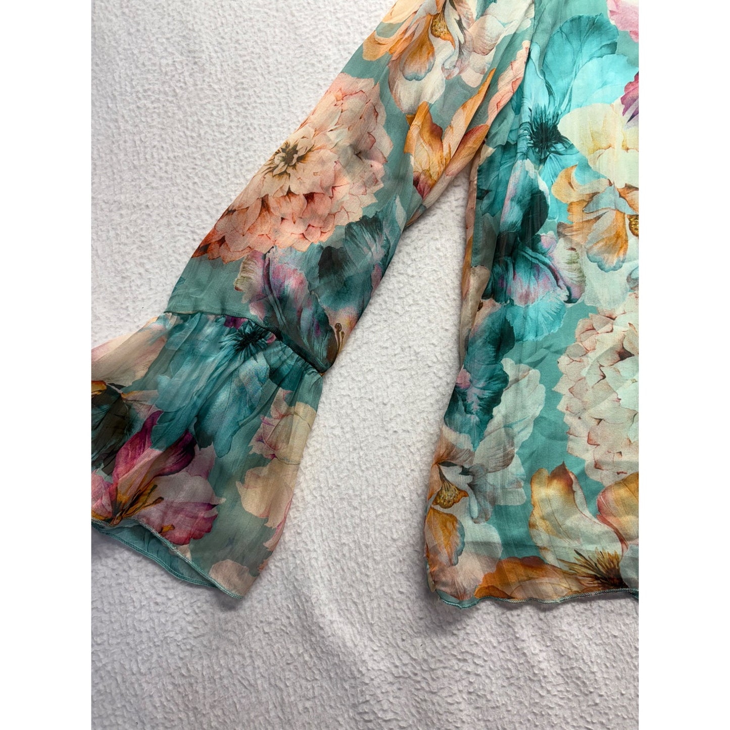 Floral Bell Sleeve Silk Sheer Blouse #7580