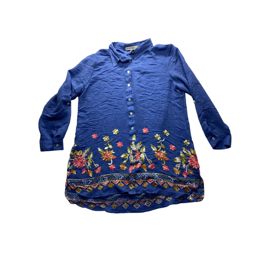 Figueroa & Flower Womens Blue Long-Sleeve Button-Down Tunic Top #7342