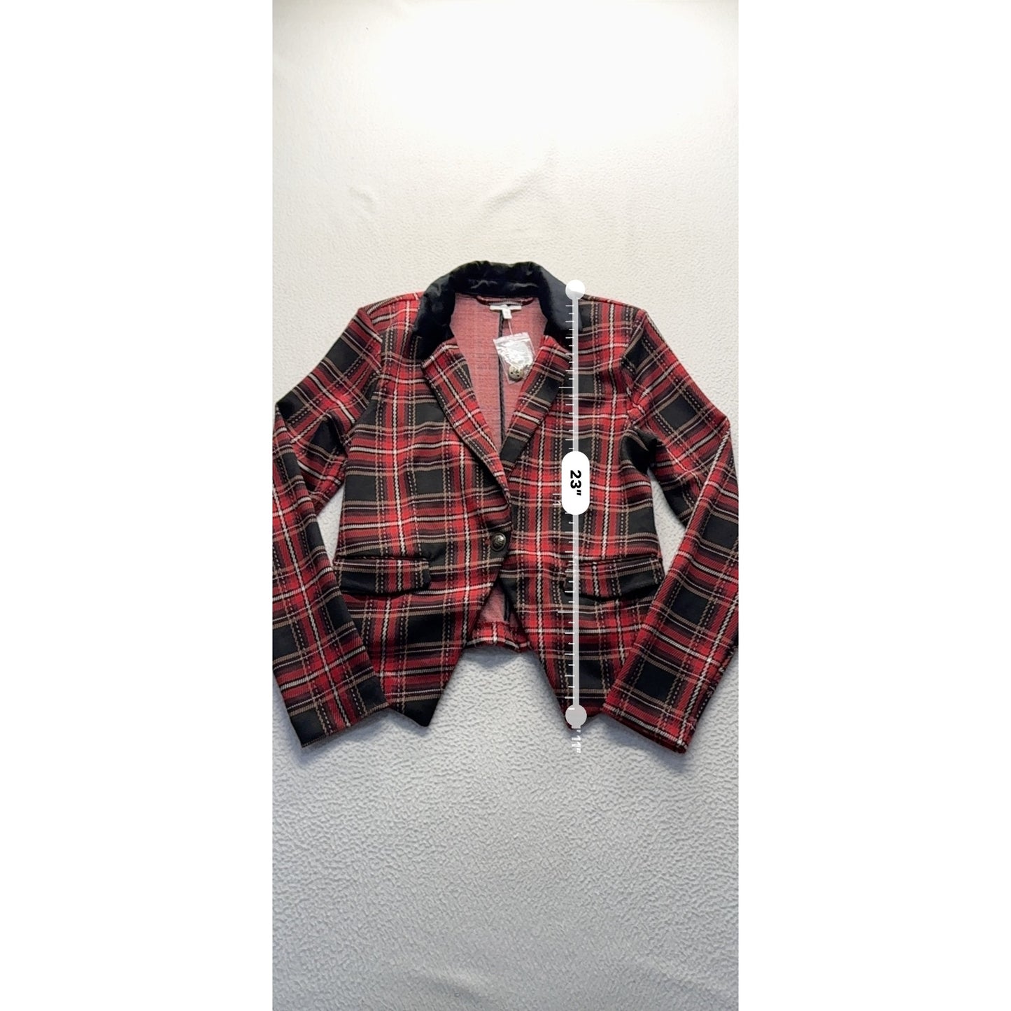 Maurices XS Red & Black Plaid Blazer With Velvet Collar Accent #9423