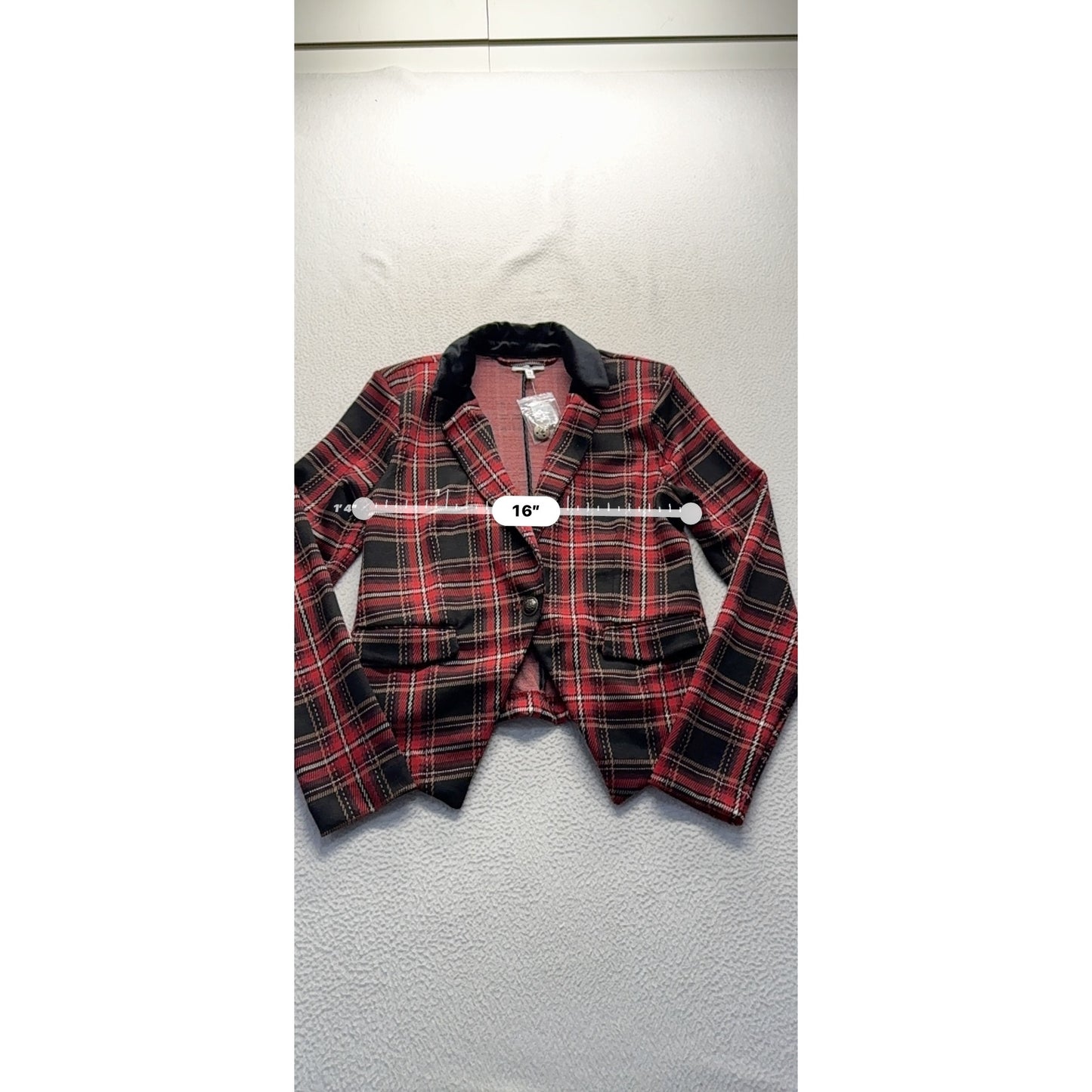 Maurices XS Red & Black Plaid Blazer With Velvet Collar Accent #9423