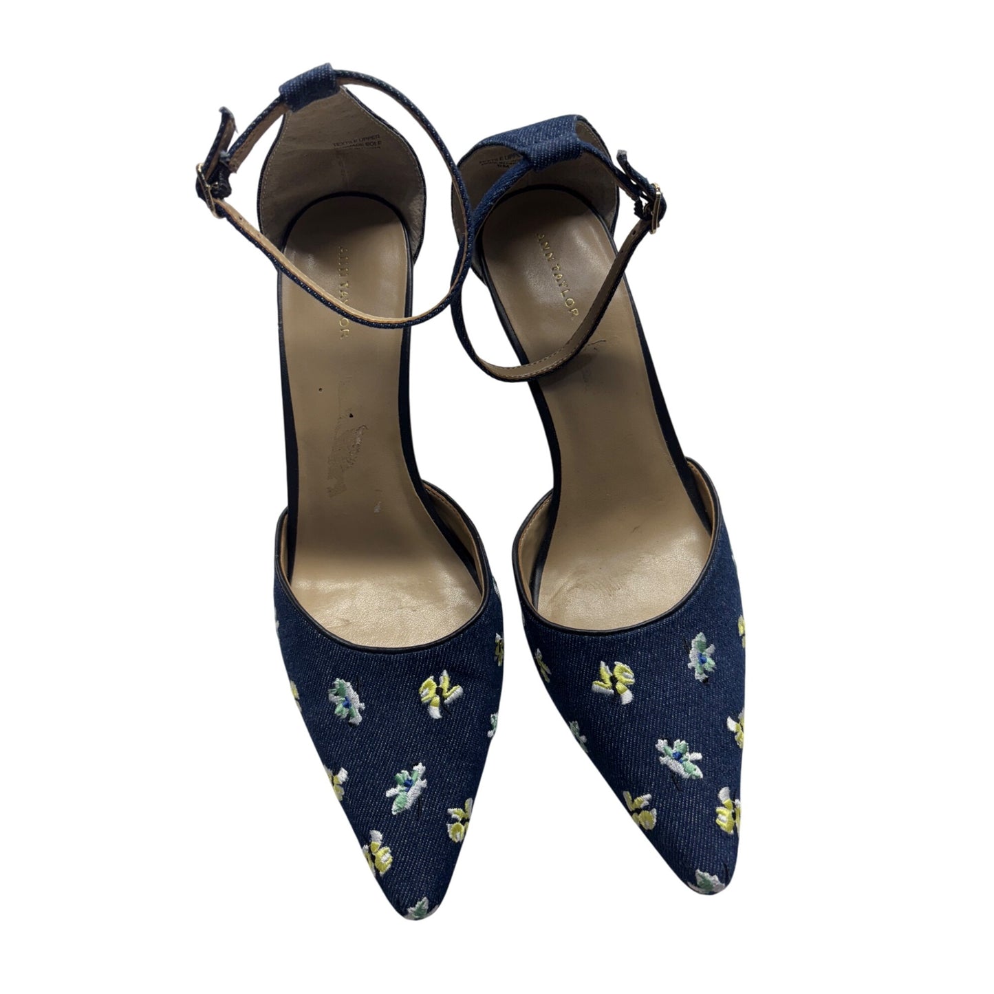 Ann Taylor Denim Block Heel Floral Embroidered Pumps #7634