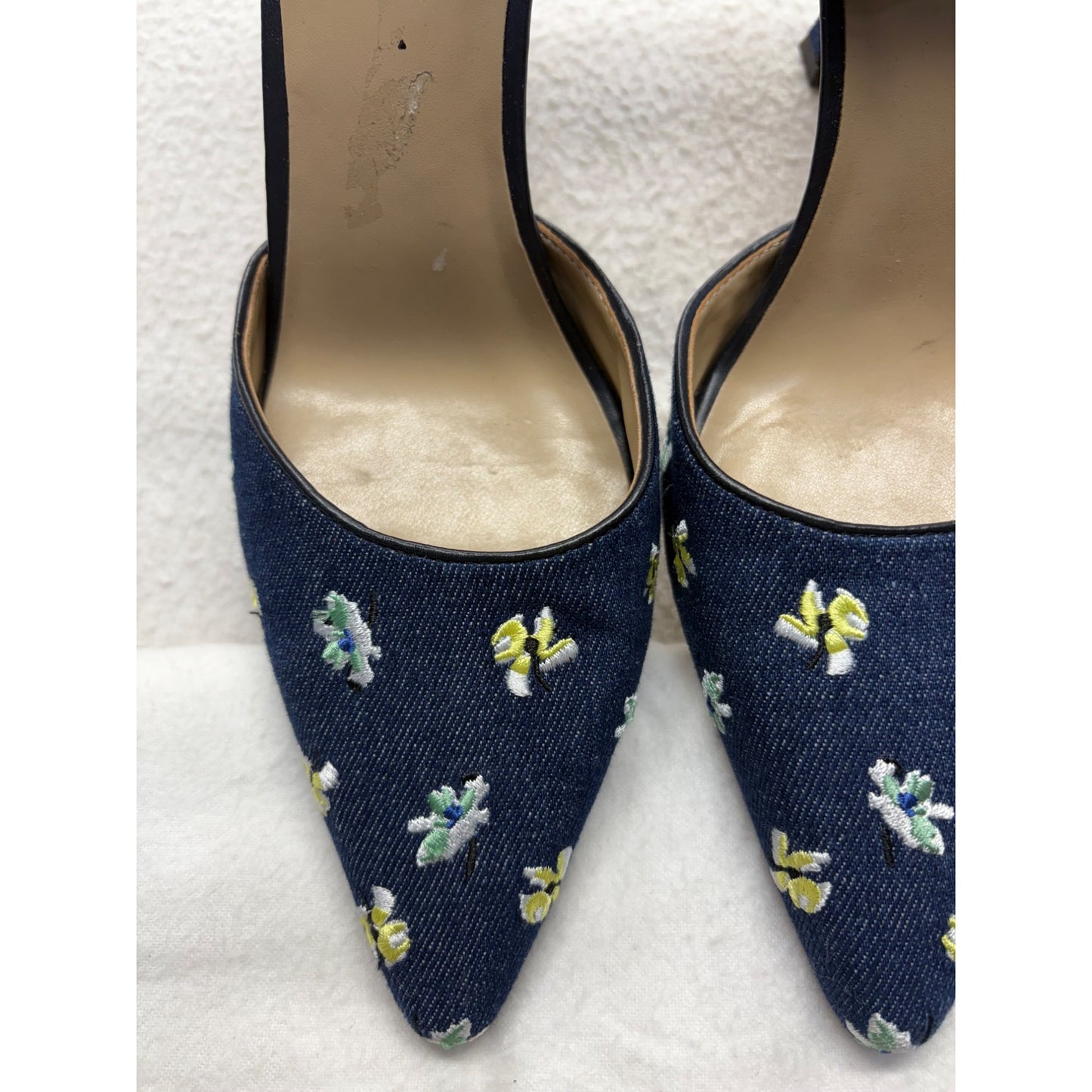 Ann Taylor Denim Block Heel Floral Embroidered Pumps #7634