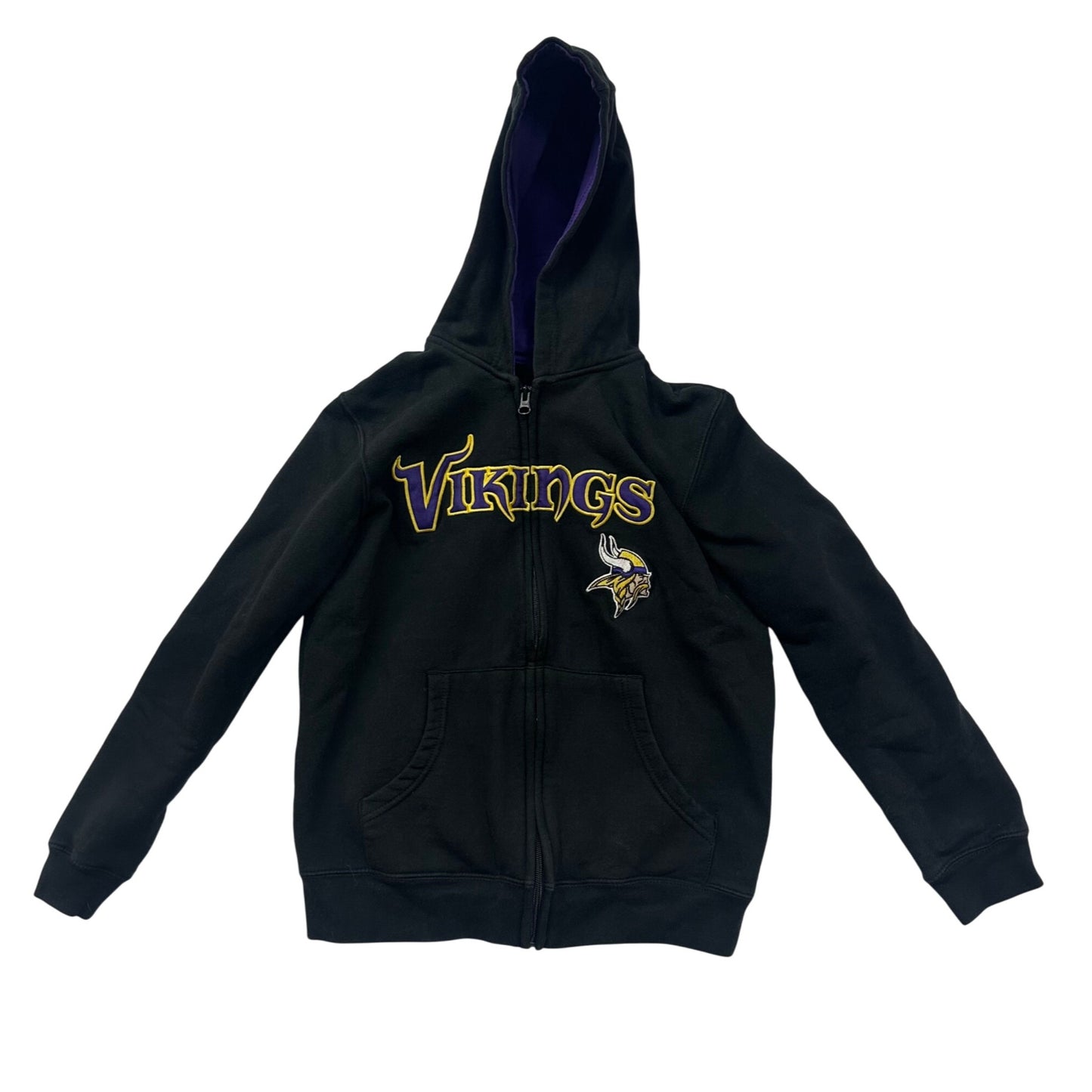 NFL Vikings Youth Black Hoodie Jacket With Purple Lining & Logo Size L 14/16 6486