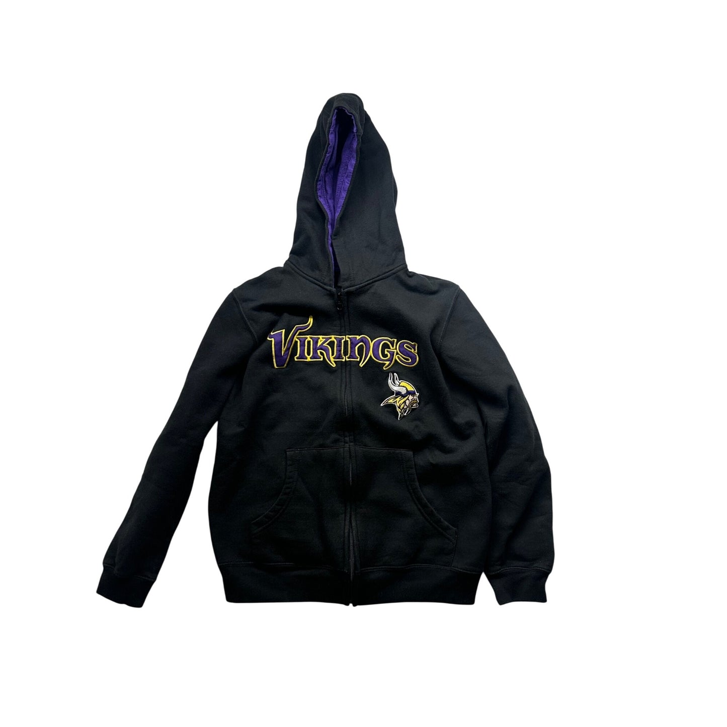 NFL Vikings Youth Black Hoodie Jacket With Purple Lining & Logo Size L 14/16 6486