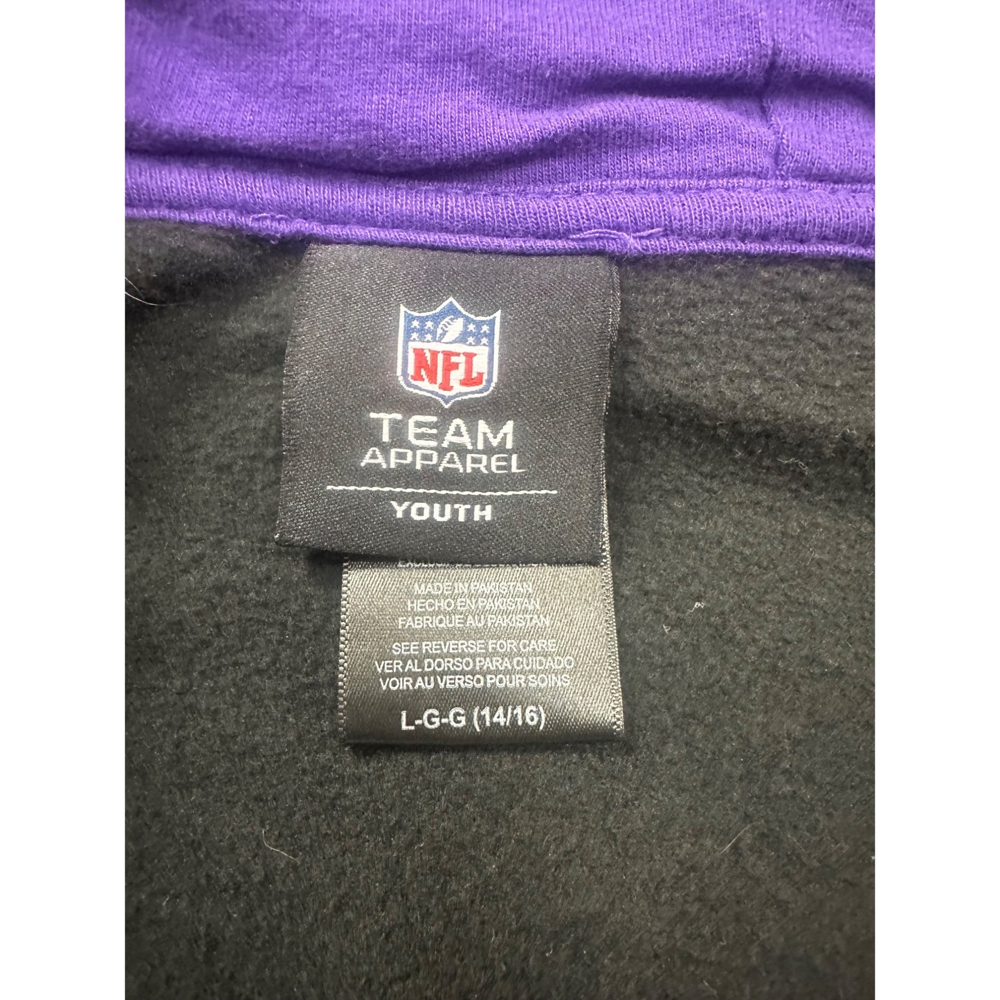 NFL Vikings Youth Black Hoodie Jacket With Purple Lining & Logo Size L 14/16 6486