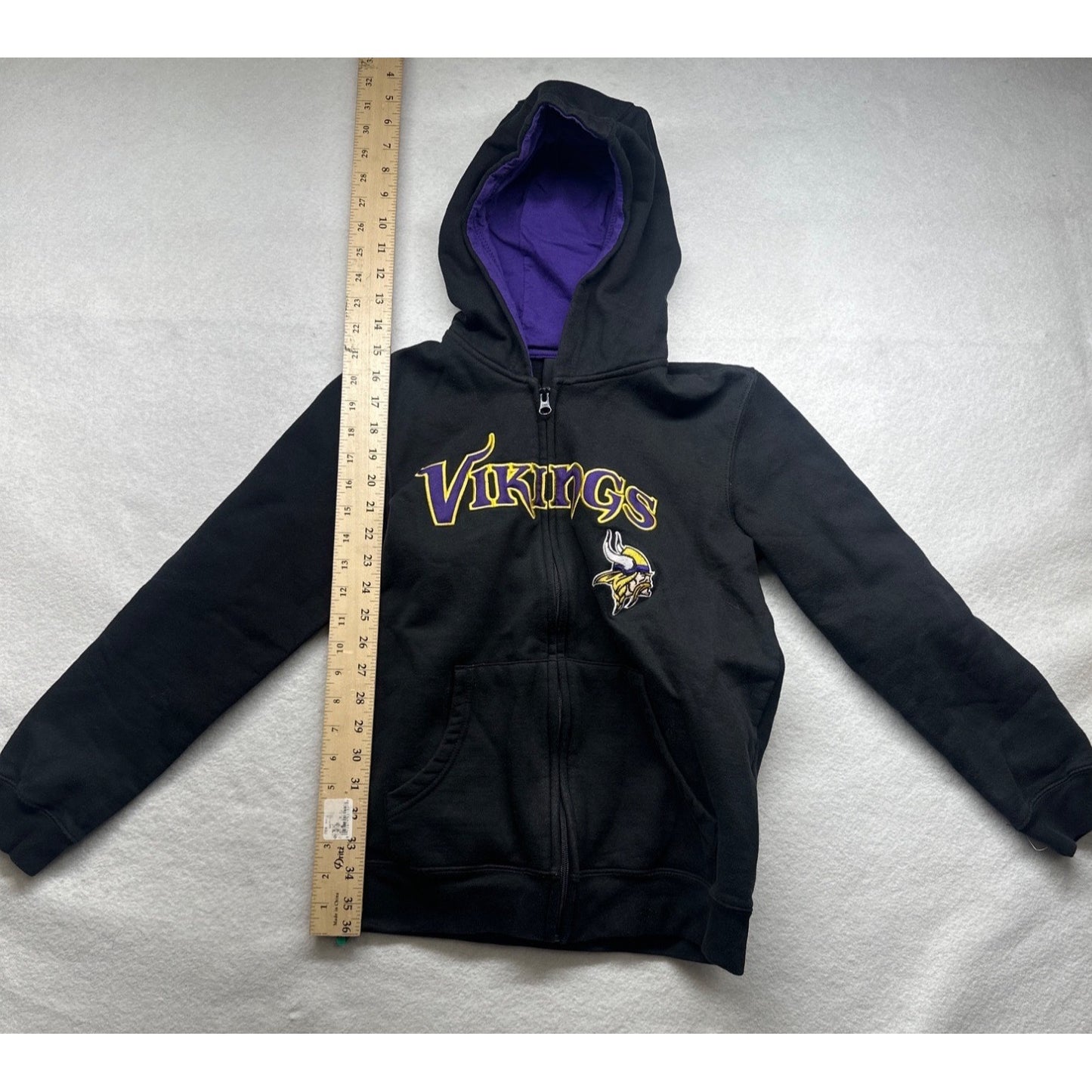 NFL Vikings Youth Black Hoodie Jacket With Purple Lining & Logo Size L 14/16 6486