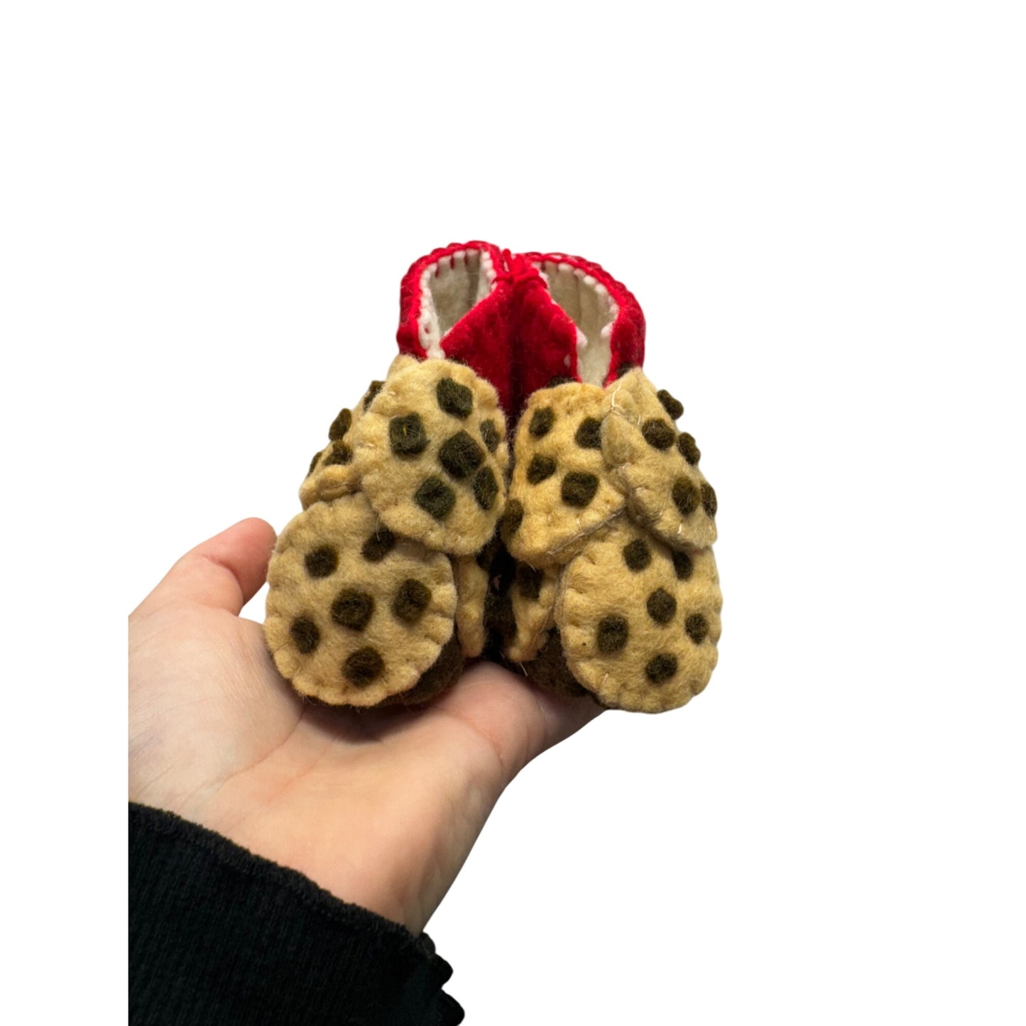 Handcrafted Baby Booties Red & Polka Dot Cookie Design Soft Felt Wool #408B