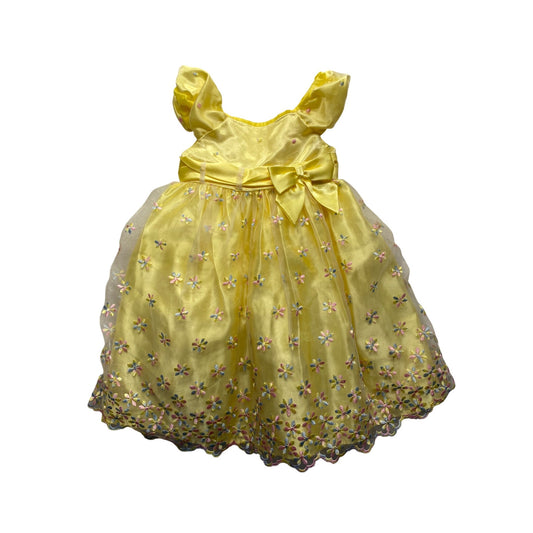 Yellow Toddler Floral Embroidered Dress With Bow & Ruffled Sleeves #7037