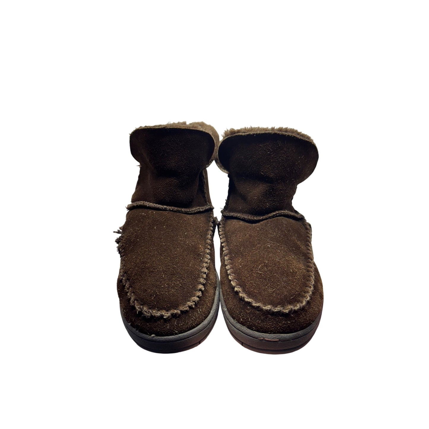 Brown Suede Moccasin-Style Faux Fur-Lined Slippers W Rubber Soles Size 10 #9615