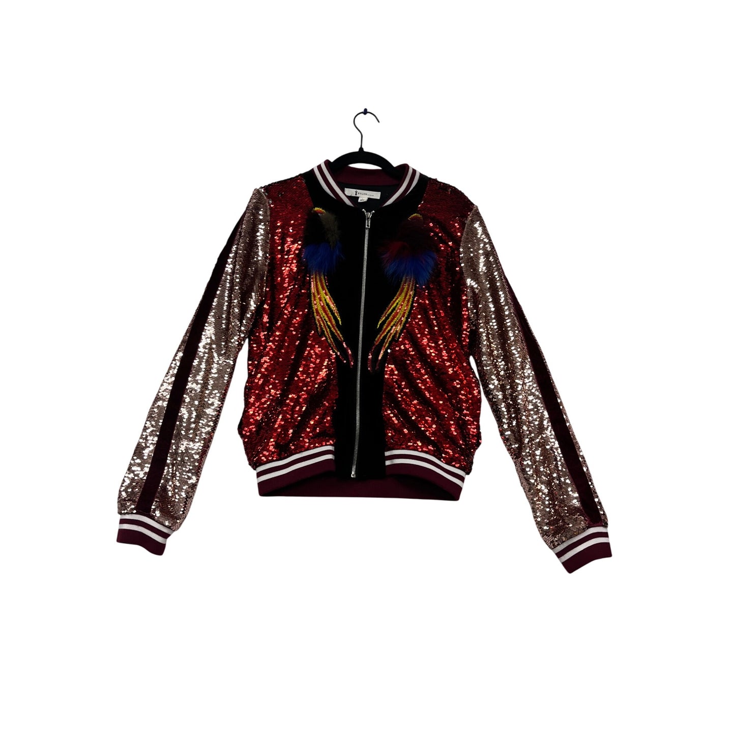 Sequin Bomber Jacket With Embroidered Feathers Nylon Premium L #751A
