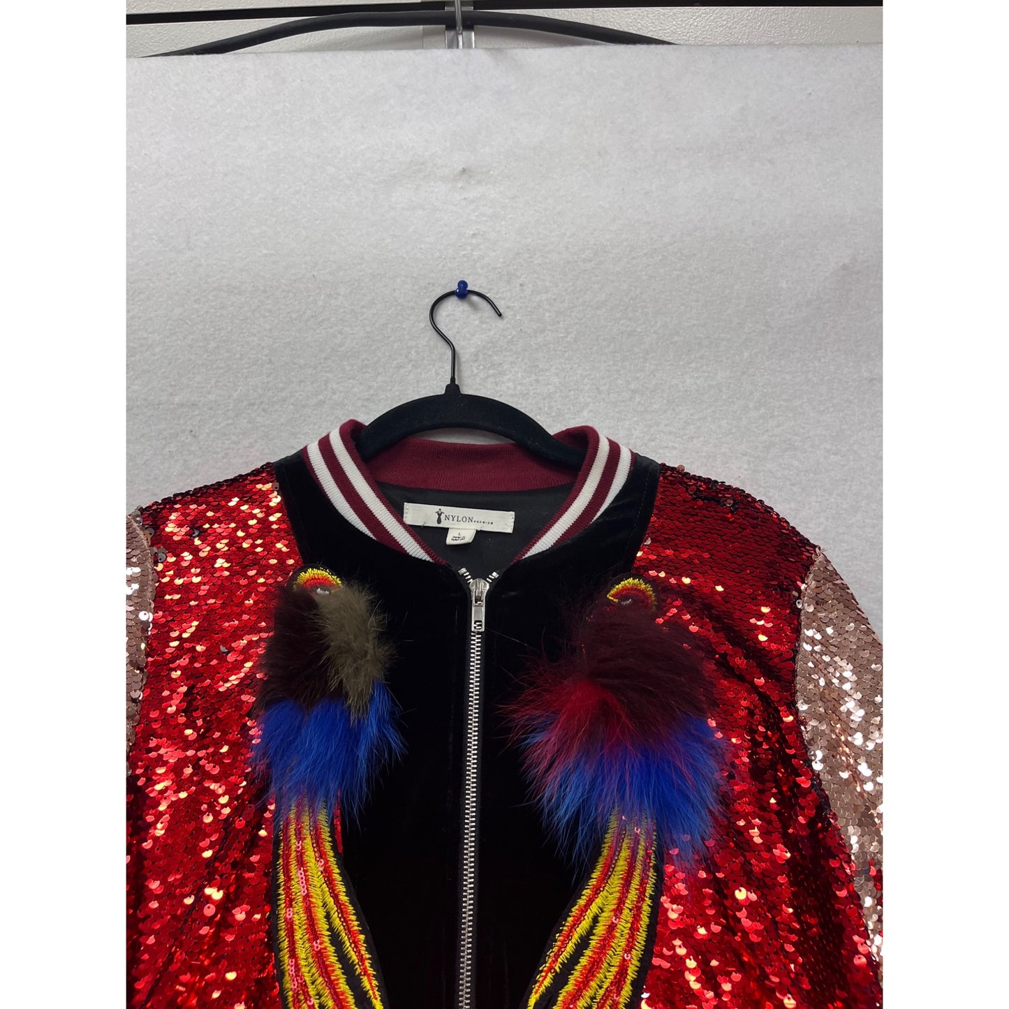 Sequin Bomber Jacket With Embroidered Feathers Nylon Premium L #751A